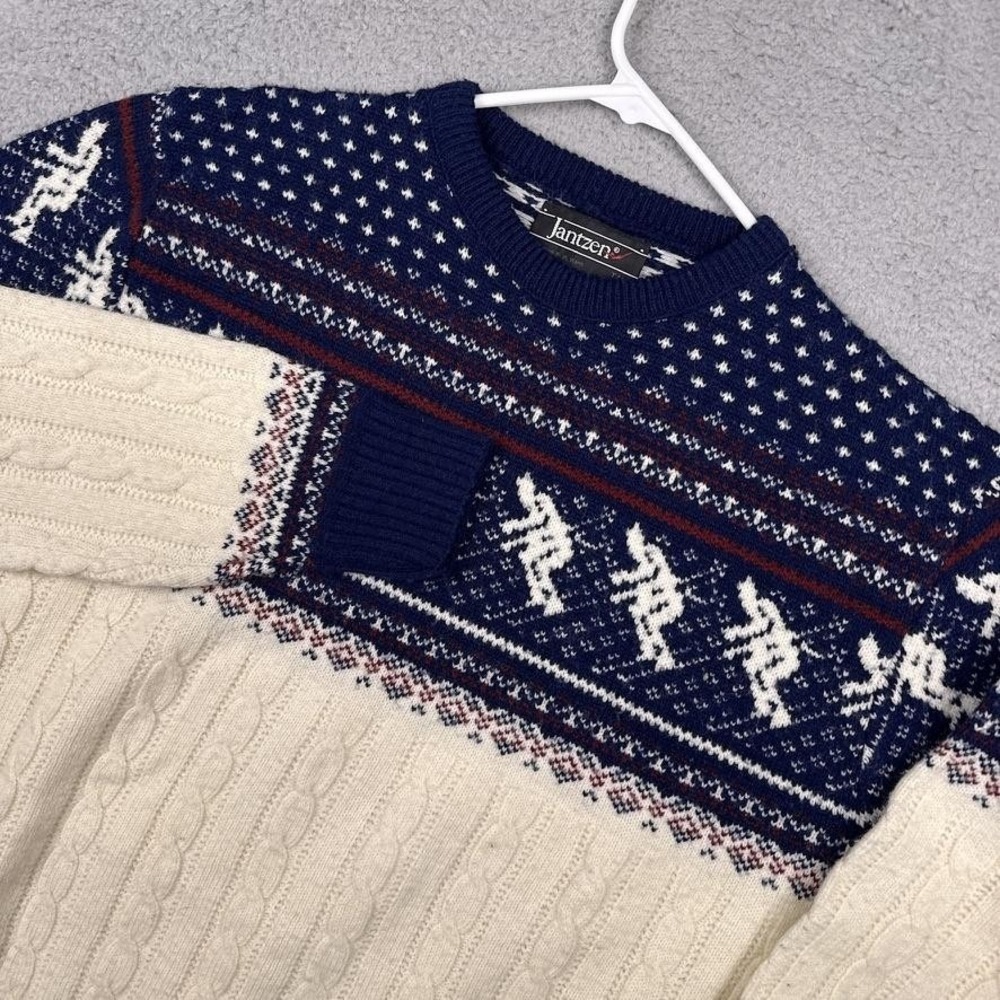 Jantzen Sweater Mens 2XLT White‎ Navy Fair Isle Ski Cable Knit Pullover Winter